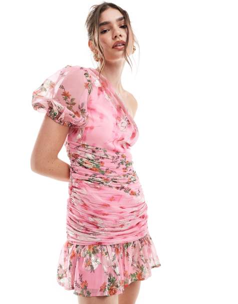 ASOS DESIGN – Rosablommig, enaxlad miniklänning i metallic - view 1