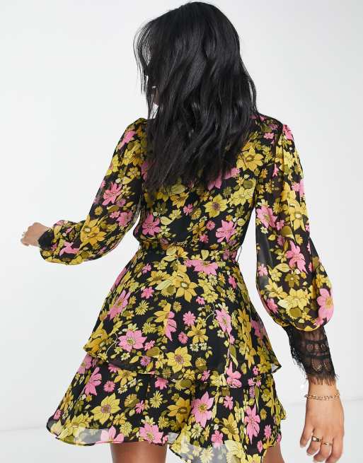 ASOS DESIGN – Rosablommig, mjuk skaterklänning i minilängd med fransig spets, 4 av 4
