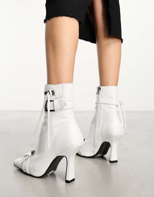 ASOS DESIGN Rosalia premium leather buckle mid boots in white