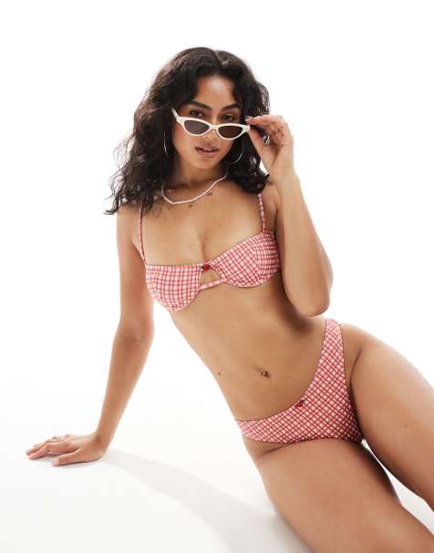 ASOS DESIGN Rosalie balcony bikini top in check print with rosebud detail - view 1