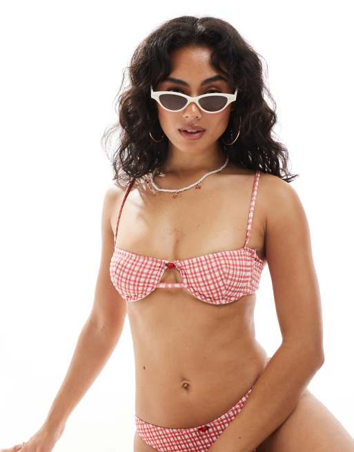 ASOS DESIGN Rosalie balcony bikini top in check print with rosebud detail, 3 of 4