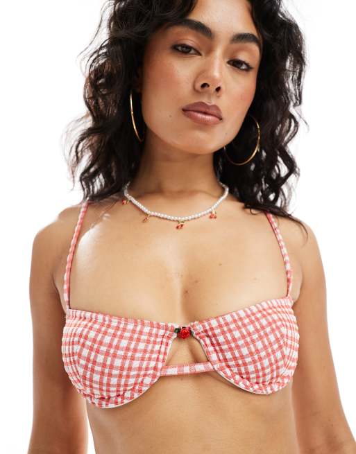 ASOS DESIGN Rosalie balcony bikini top in check print with rosebud detail, 4 of 4