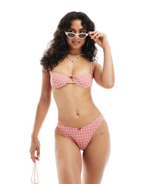 ASOS DESIGN Rosalie bikini in check print with rosebud detail - view 1