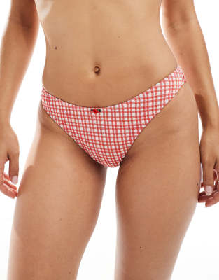 ASOS DESIGN Rosalie ibiza high leg bikini bottom in red check with rosebud detail - view 1