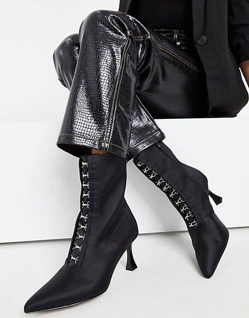 ASOS DESIGN Rosalie pointed boots in black satin | ASOS