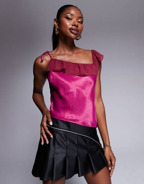 ASOS DESIGN - Rosapink cami-top med offshoulder-snit og flæser i chiffon - view 1