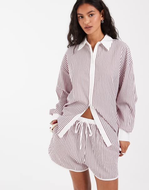 ASOS DESIGN – Rosarandig skjorta med kontrasterande kantränder, del av set - view 1