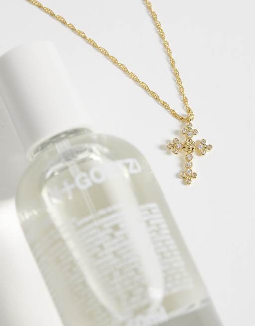 ASOS DESIGN rose centre cross pendant necklace with crystals in gold tone, 2 of 4