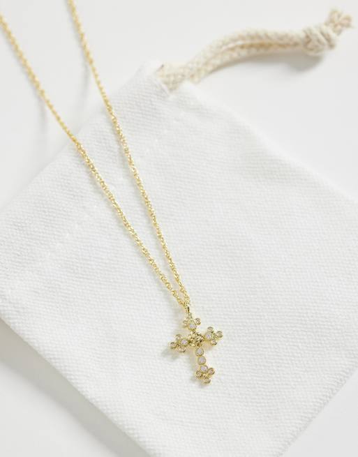 ASOS DESIGN rose centre cross pendant necklace with crystals in gold tone, 4 of 4