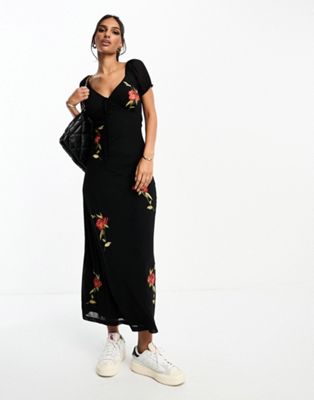 ASOS DESIGN rose embroidered mesh tea dress in black | ASOS