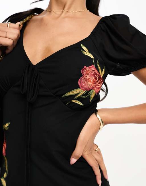 ASOS DESIGN rose embroidered mesh tea dress in black ASOS