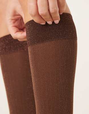 Asos Design Rose Gold Glitter Fine Ribbed Knee High Socks In Brown