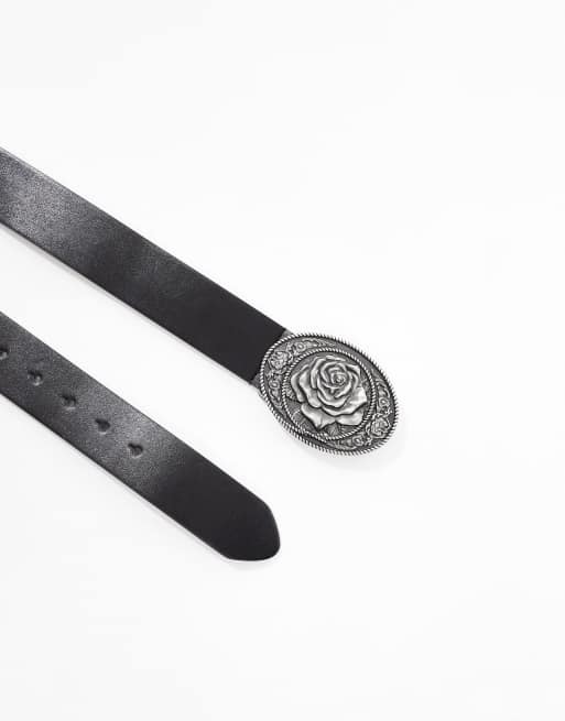 ASOS DESIGN rose statement buckle belt in black
