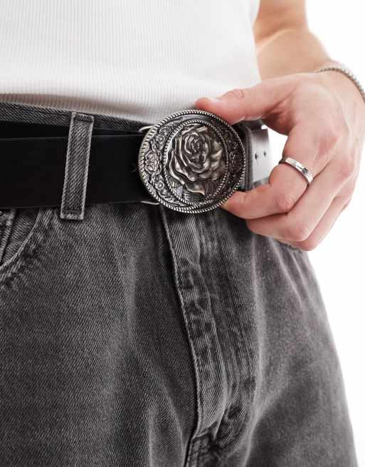 ASOS DESIGN rose statement buckle belt in black