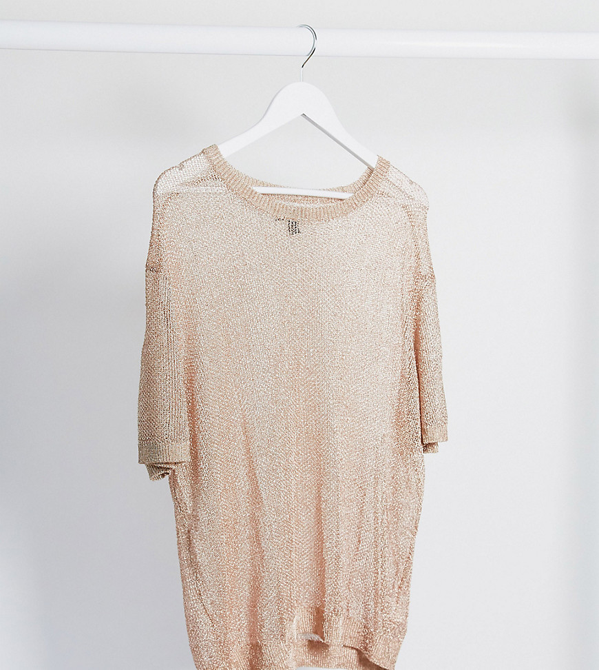 ASOS DESIGN – Roséguldfärgad, stickad oversize-t-shirt i metallic-färgat garn-Rosa