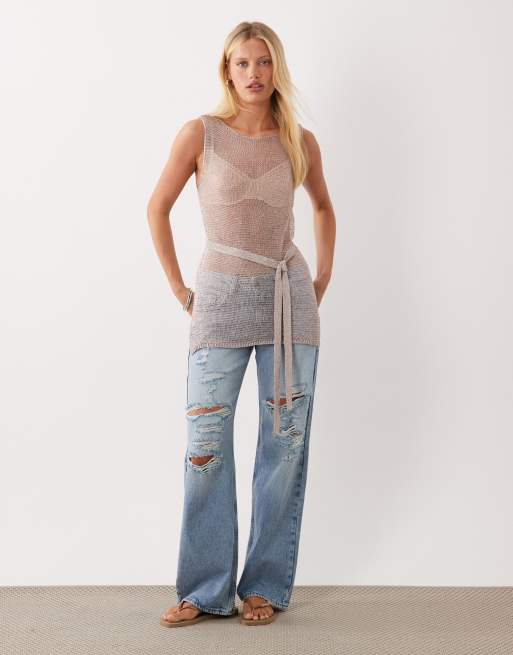 ASOS DESIGN – Roséguldfärgat, metalliskt, stickat, långt linne med skärp, 4 av 4