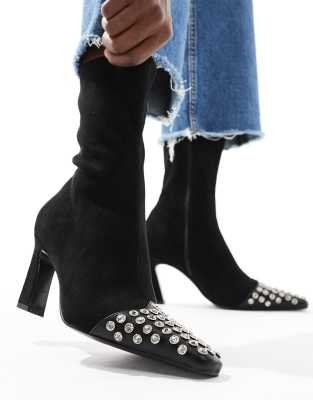 Rosie mid-heel sock boot in black with studded toe-cap-Multi