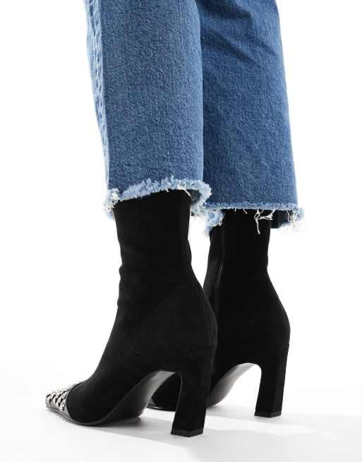 ASOS DESIGN Rosie mid heel sock boot in black with studded toe cap ASOS