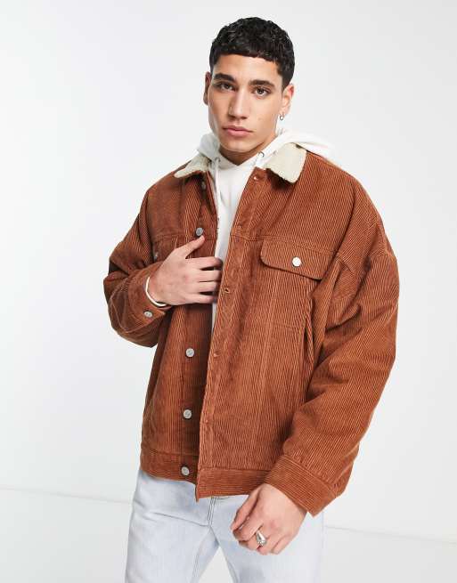 ASOS DESIGN – Rostbrun manchesterjacka i cowboystil och oversize med teddyfoder och -krage