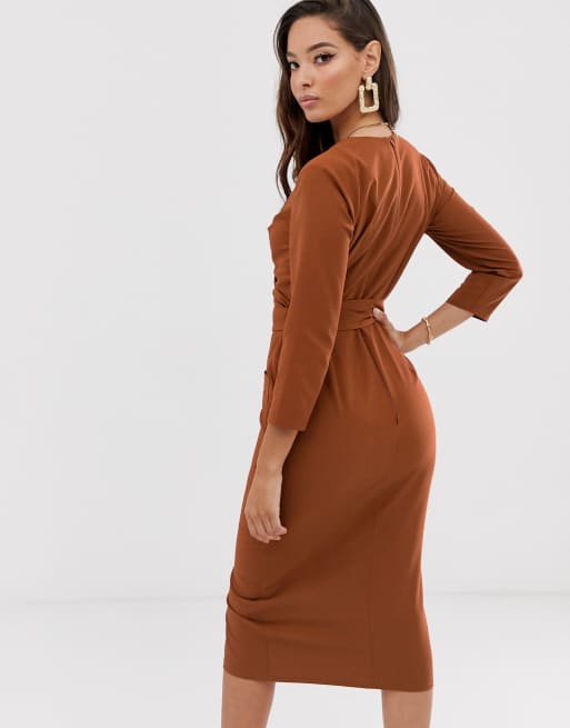 ASOS DESIGN – Rostfärgad midiklänning i omlottmodell med knäppning och knytning, 2 av 4