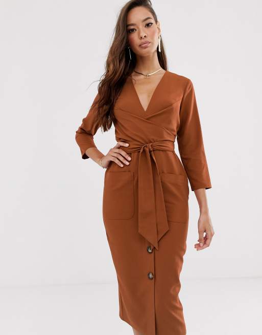 ASOS DESIGN – Rostfärgad midiklänning i omlottmodell med knäppning och knytning, 4 av 4