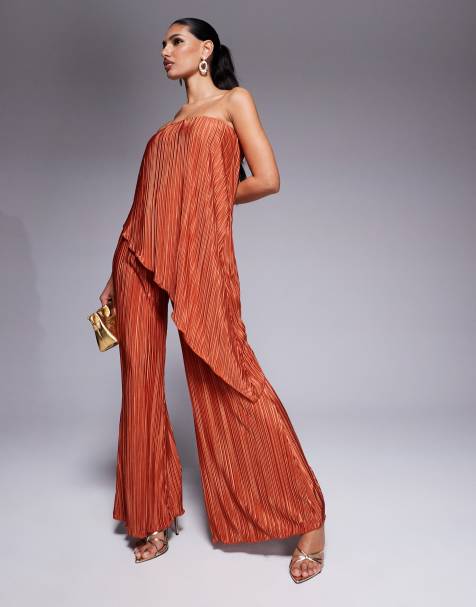 ASOS DESIGN – Rostfärgad, plisserad jumpsuit med bandeau-ringning och vida ben - view 1