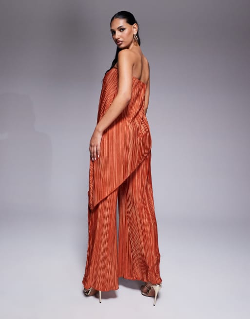 ASOS DESIGN – Rostfärgad, plisserad jumpsuit med bandeau-ringning och vida ben, 4 av 4