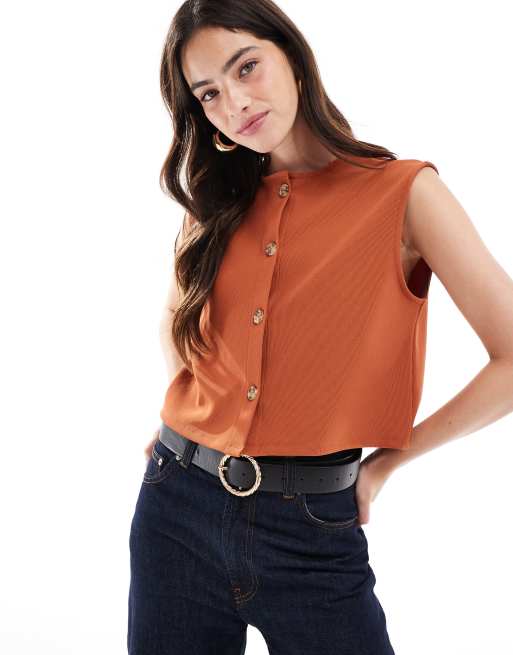 ASOS DESIGN – Rostfärgad, ribbad, kort kostymväst med vida axlar och boxig passform
