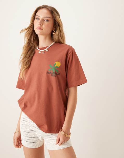 ASOS DESIGN – Rostfärgad t-shirt i oversize med abstrakt semestertryck - view 1