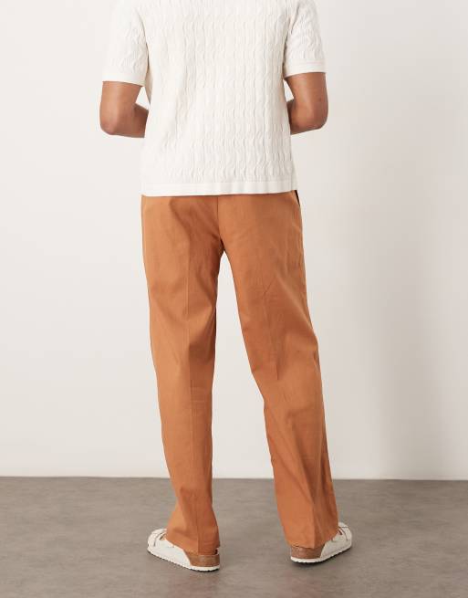 ASOS DESIGN – Rostfärgade finbyxor i linnemix med vida ben och dubbla veck, 3 av 5