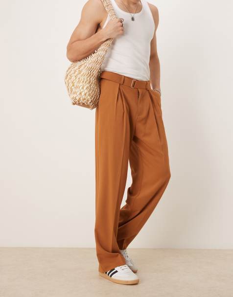 ASOS DESIGN – Rostfärgade, vida finbyxor i linnestil med skräp och veck framtill - view 1