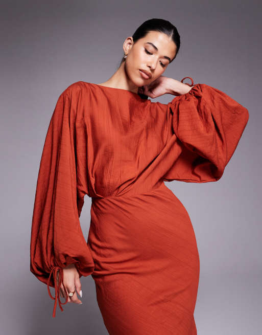 ASOS DESIGN – Roströd maxiklänning med blusärm, invikt detalj och knytning, 4 av 4
