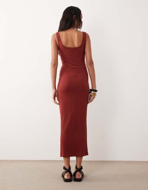 ASOS DESIGN – Roströd, ribbad midiklänning med knäppning och picotkant, 4 av 4