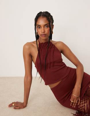ASOS DESIGN – Roströd topp med fransar och halterneck, del av set - view 1