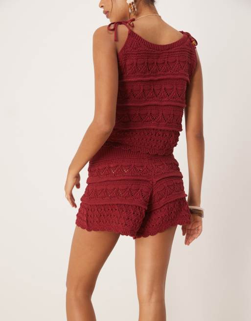 ASOS DESIGN – Roströda, virkade shorts med knytband och pärlor framtill, del av set, 3 av 5