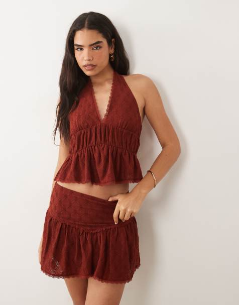 ASOS DESIGN – Rostrött set med broderie anglaise och spetskant - view 1