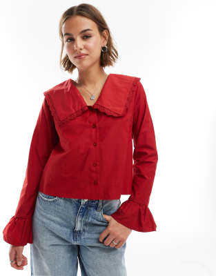 ASOS DESIGN - Rot karierte Popeline-Bluse mit Oversize-Kragen