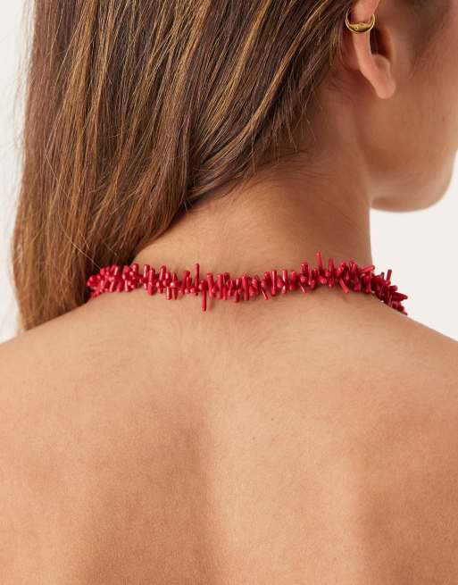 ASOS DESIGN – Rött halsband med imiterade stenskärvor och T-stav, del av set, 3 av 3