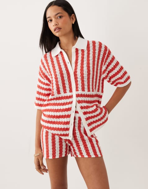 ASOS DESIGN – Rött, randigt set i slubbvävt tyg med skjorta och shorts - view 1
