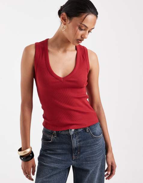 ASOS DESIGN – Rött, ribbat linne med v-ringning - view 1