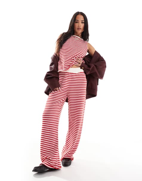 ASOS DESIGN – Rött, stickat set med byxor och topp med båtringning - view 1