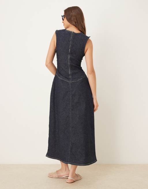 ASOS DESIGN rouched drop waist denim dress with short sleeve in rinse wash, 3 of 4