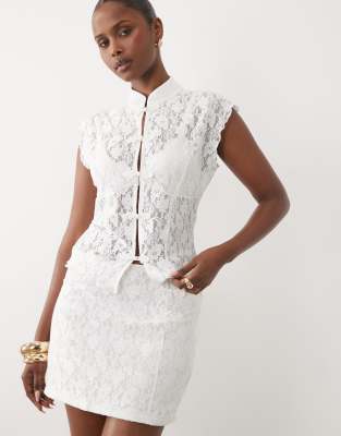 Asos Design Rouleau Collar Lace Top In White