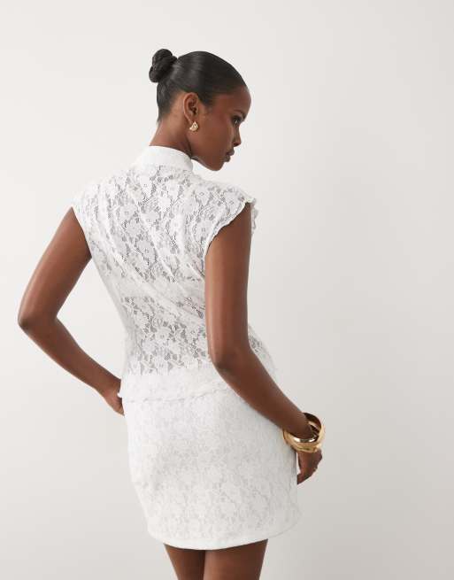 ASOS DESIGN rouleau collar lace top in white - part of a set, 4 of 4