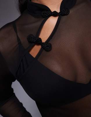 Asos Design Rouleau Loop Detail Sheer Mesh Long Sleeve Bodysuit With Trim In Black