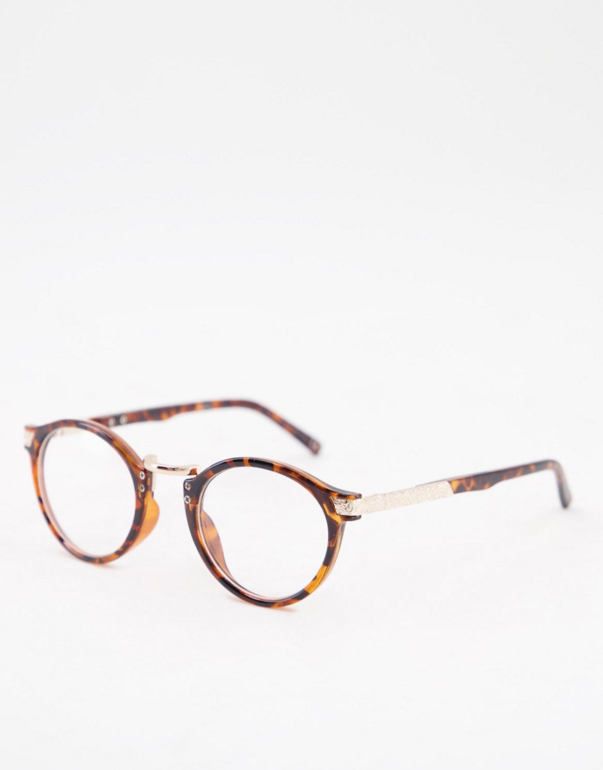 ASOS DESIGN round clear lens glasses with metal nose bridge in tortoise-Brown