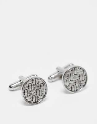 Asos Design Round Cufflinks With Textured Design In Silver Tone In Metallic