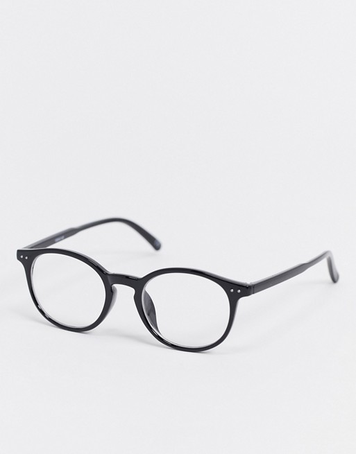 ASOS DESIGN round fashion glasses in black with clear lens