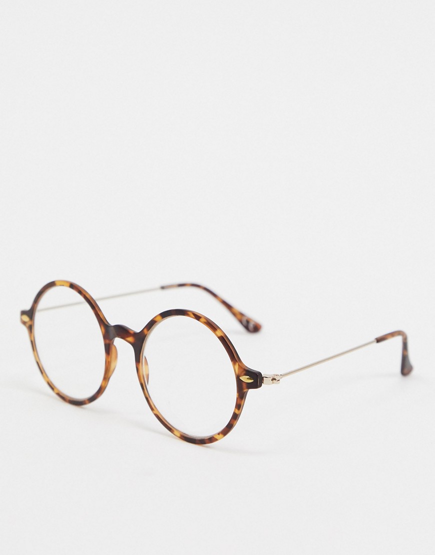 ASOS DESIGN round fashion glasses in brown tort with clear lenses