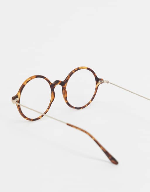 ASOS DESIGN round fashion glasses in brown tort with clear lenses